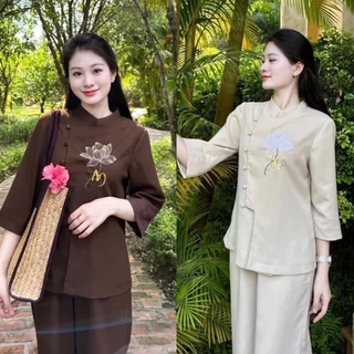 Đồ lam đi chùa nữ truyền thống-Pháp phục nữ thêu hoa sen và chữ An vải linen cotton tay lửng quần ống suông đủ size