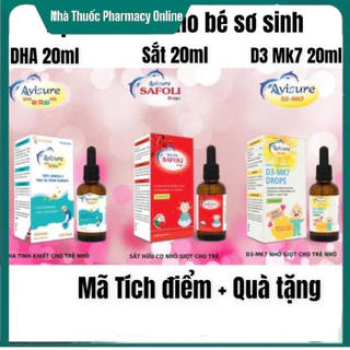 Bộ ba vi chất Avisure nhỏ giọt thiết yếu cho bé  20ml- Avisure DHA, sắt Safoli drop, Vitamin D3-MK7 avisure - Chính Hãng