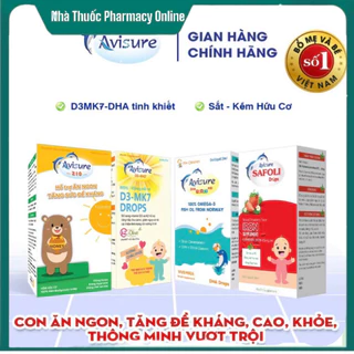 Tích điểm - Chai 20ml Bộ tứ Avisure sắt hữu cơ, D3K2 DHA tinh khiết, kẽm sinh học cho bé ăn ngủ ngon, thông minh,cao lớn