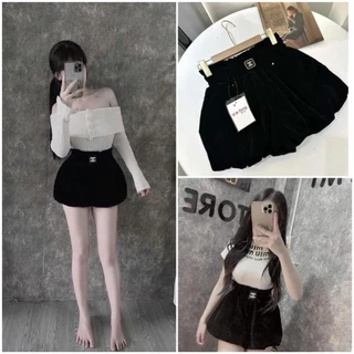 [Sale Off] Quần Short Nhung Bồng Hai Hớp Đính Logo Dày Dặn🍀 Quần Đùi Nữ Cạp Cao Dễ Phối Đồ