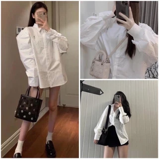 [Sale Off] Áo Sơmi Dài Tay Đính Đá Hot Trend🍀 Áo Sơmi Tay Bồng Dáng Rộng Unisex