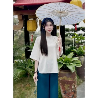 Pháp phục đi chùa tay lỡ khuy chéo Đồ ba ba cách tân cổ tròn nơ chéo, duyên dáng Size 40-65kg,4 size S,ML,XL