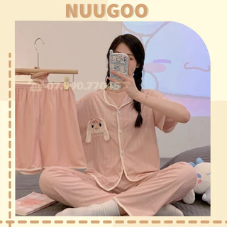 bộ ngủ nữ [FREESHIP] bộ ngủ nữ pijama NUUGOO tặng thêm quần đùi họa tiết chú thỏ đeo nơ màu hồng Nuugoo211K20