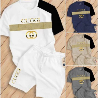 Set Sports Men Summer Guci Chất Vải Cotton Dày Mát, Bộ Quần Áo Cộc Tay Phối Họa Tiết Phong Cách Boy Phố