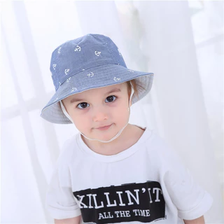 Mũ vành cho bé trai , mũ trẻ em Miller vải cotton mềm màu ghi họa tiết mỏ neo cho bé từ 6 tháng đến 5 tuổi windybaby