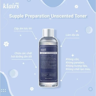 Nước Hoa Hồng Không Mùi Dưỡng Ẩm Da Và Làm Mềm Da Dear Klairs Supple Preparation Unscented Toner 180ml