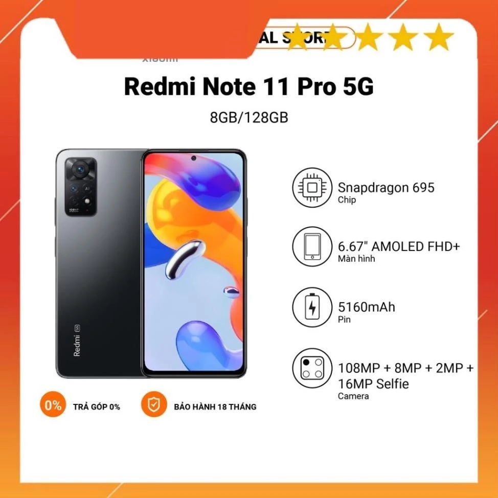 Điện thoại Xiaomi Redmi Note 11 Pro 5G 8+128GB | Pin 5000mAh | Snapdragon 695 | Sạc nhanh 67W