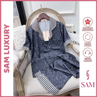 Bộ mặc nhà lụa Sam luxury, pijama lụa tay ngắn quần dài lịch sự