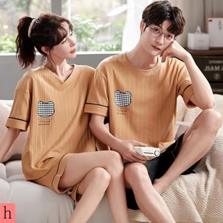 Bộ Đồ Ngủ Cặp Đôi Yuelufu Dệt Kim Cotton Bộ Đồ Ngủ Cặp Đôi Mùa Hè Cổ Tròn Ngắn Tay Quần Short Mỏng Phù Hợp Với Nhà Hai @ -