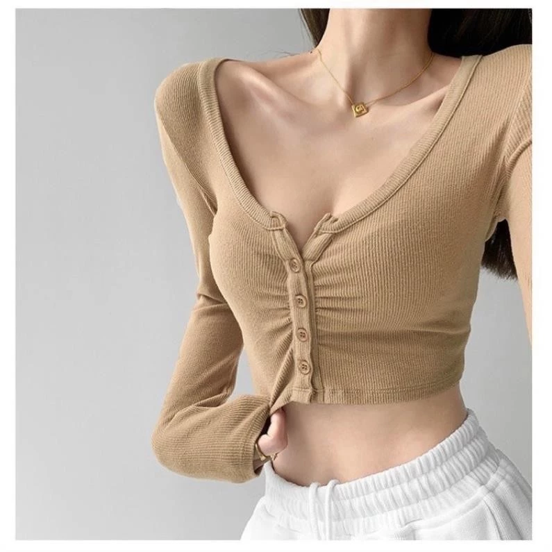 ÁO THUN CROPTOP NHÚN NGỰC NÚT CÀI TAY DÀI