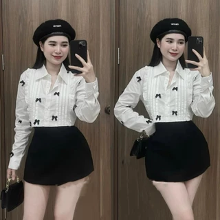 Áo sơ mi trắng dài tay đính nơ dáng croptop xinh Áo sơ mi nữ kiểu đi học đi làm áo sơ mi nữ tiểu thư sang chảnh cổ V đẹp