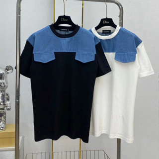 Áo phông nam nữ Premium Cotton phối vải bò xanh nắp túi in vạch chữ Dsq2 cam sau lưng rẻ Siêu Hot 2024
