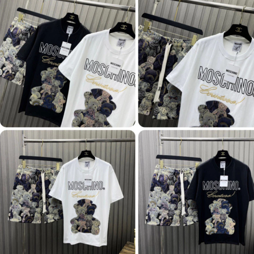 1 Bộ Cộc Hè Gấu Moschino Thêu Hình Gấu Mới Nhấ Bo Viền Chuẩn - Bộ Cộc Nam Moschino Siêu Đẹp nam họa tiết gấu Dễ mặc đẹp