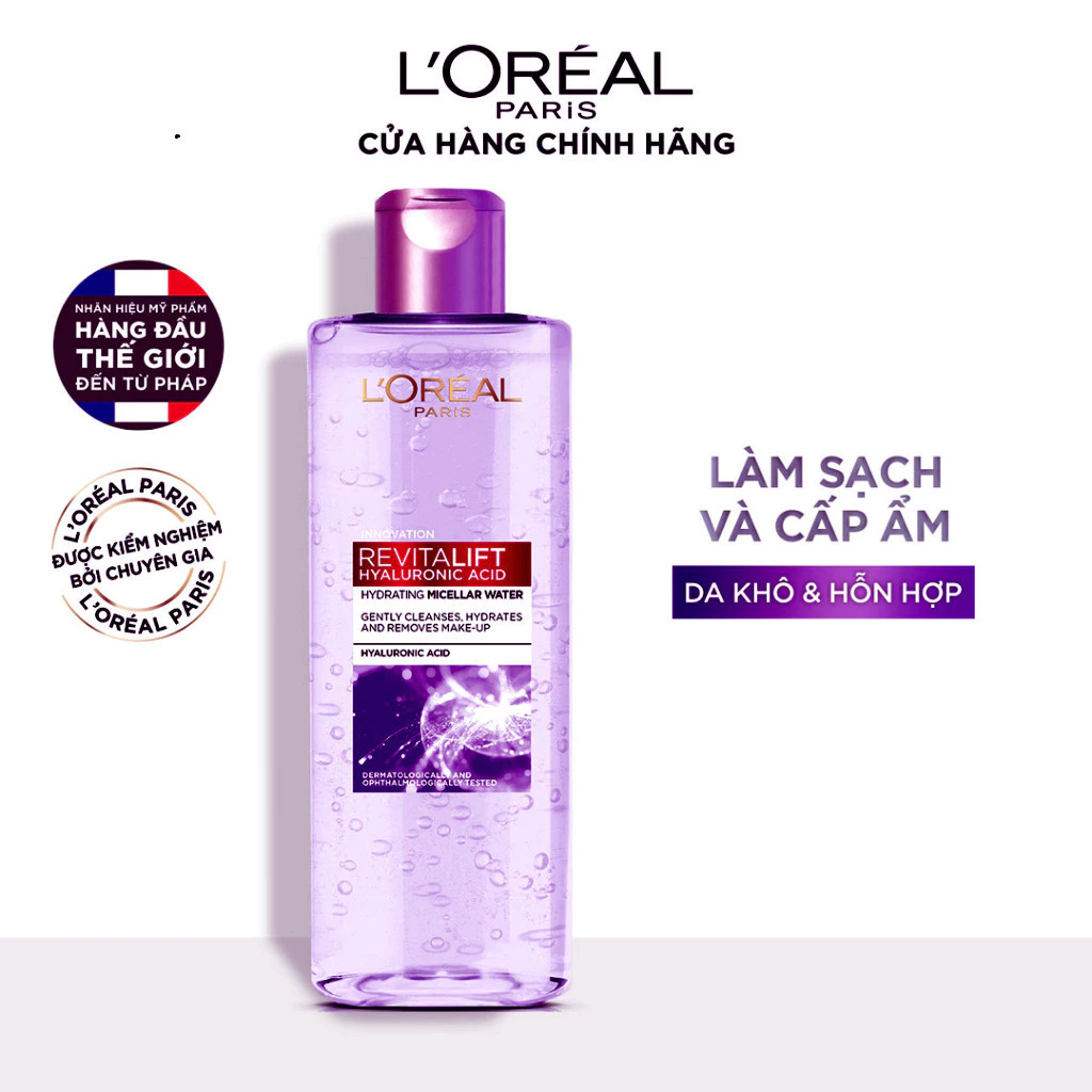 Nước Tẩy Trang LOREAL tím cấp ẩm căng mịn da, dành cho da dầu mụn, da khô, da nhạy cảm 400M