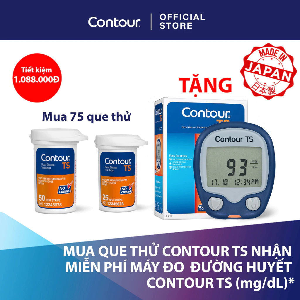 [MUA 75 QUE TẶNG MÁY] Mua bộ sản phẩm 75 Que thử đường huyết tặng 1 máy đo đường huyết CONTOUR TS (mg/dL)