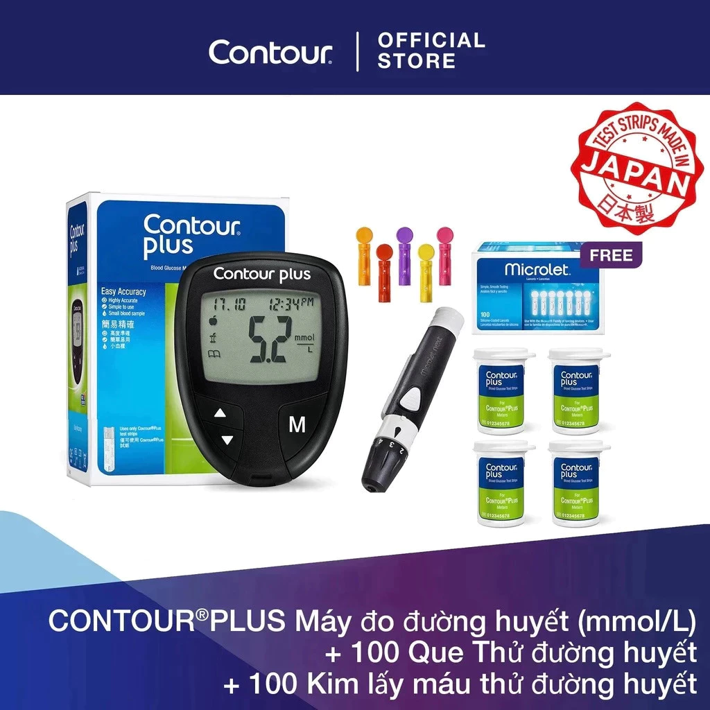 Bộ 3 sản phẩm: 1 Máy đo đường huyết CONTOUR PLUS (mmol/L) và 100 Que thử đường huyết  và 100 Kim lấy máu thử đường huyết