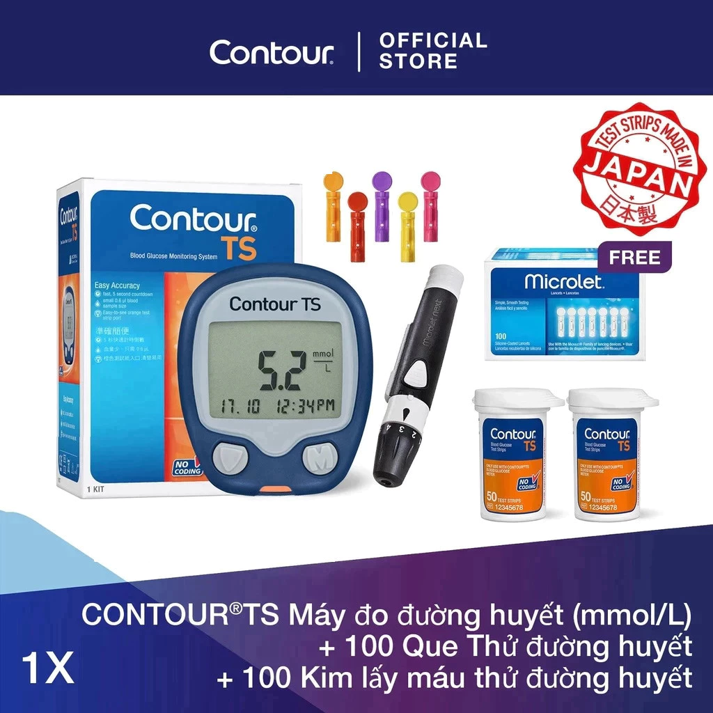 Bộ 3 sản phẩm: 1 Máy đo đường huyết CONTOUR TS (mmol/L) và 100 Que thử đường huyết và 100 Kim lấy máu thử đường huyết