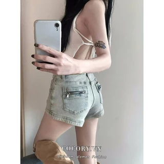 r Quần Short Jean Lưng Cao Ống Rộng, quần đùi nữ lưng cao mix khoá kéo siêu cá tính n85 8