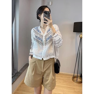 [Trang trí thời trang lãng mạn] Áo sơ mi dài tay cổ chữ V sọc nữ Áo sơ mi Cardigan mỏng giảm tuổi ngắn