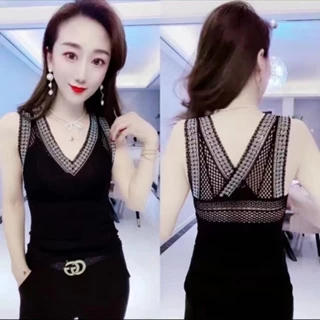 Bán Chạy Sling Bên Ngoài Đeo Sling Phong Cách Mới Cổ Chữ V Đính Kim Cương Thời Trang Gợi Cảm Ôm Hơn Nhìn Camisole Nữ Bên Ngoài Mặc Đế Quần Lót Có Miếng Lót Ngực Plus Size Quần Áo Nữ