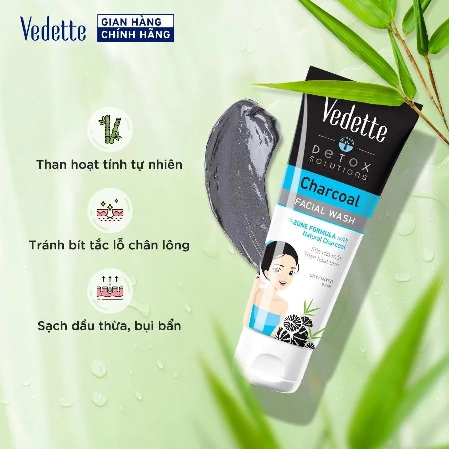 Sữa rửa mặt Vedette Than Hoạt Tính 100ml - Than hoạt tính tự nhiên, Tránh bít tắc lỗ chân lông, Sạch dầu thừa & Bụi bẩn