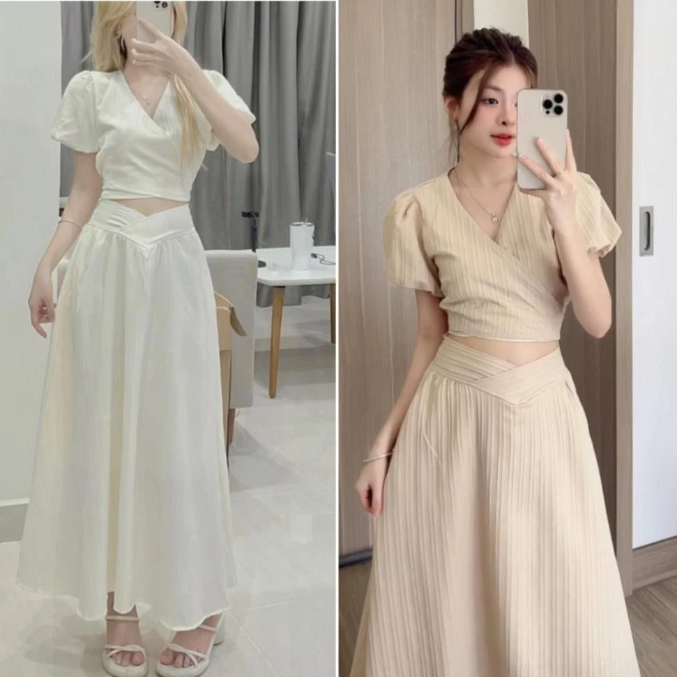 Set áo cổ V buộc nơ lưng kèm chân váy dài, Set áo croptop tay bồng kèm chân váy Nana Shop V09