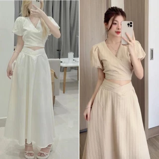 1 6Set áo cổ V buộc nơ lưng kèm chân váy dài, Set áo croptop tay bồng kèm chân váy 1 1 1