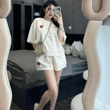 Set Bộ Đồ Nữ In Hình Trái Tim Tay Ngắn Mặc Hằng Ngày Chất Liệu Cotton da cá Thoáng Mát Genz