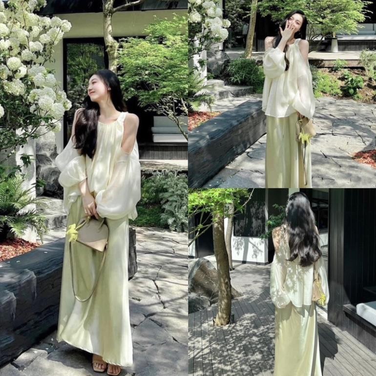 Set áo tơ ánh rớt vai xoè + chân váy lụa dài xanh đậu