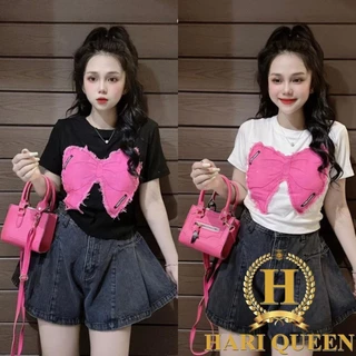 Áo croptop in nơ hồng giả jean HARIQUEEN - Áo croptop body cá tính