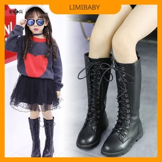 Bốt Bé Gái Cổ Cao | Boots Đùi Bé Gái LIMIBABY màu đen da mềm cao cấp cột dây khóa kéo diễn thời trang mẫu nhí GC47