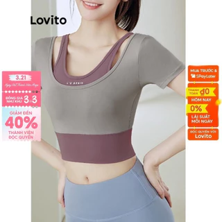 Áo tập gym nữ ngực thể thao sport bra Lovito ghép nối màu sắc họa tiết chữ cho nữ LNA13056 (Tím/Xanh dương/Đen)