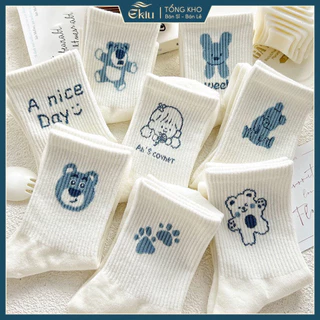 Tất vớ cổ cao nữ chất liệu cotton co giãn 4 chiều, họa tiết siêu cute - Ekiu shop