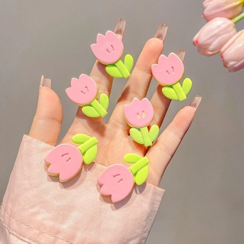 💞Cherry💞 Kẹp Tóc Hình Hoa Tulip Màu Hồng / Xanh Lá Mini Đơn Giản Ngọt Ngào Cho Nữ