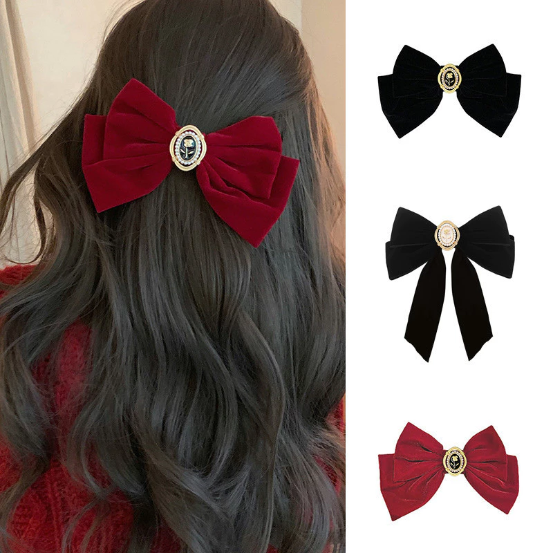 💞Cherry💞 Kẹp Tóc Nơ Bằng Nhung Màu Đen Xinh Xắn Hàn Quốc Thời Trang Cho Nữ