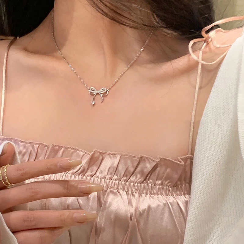 💞Cherry💞 Vòng cổ mạ bạc mặt nơ đính đá phong cách Hàn Quốc đơn giản dễ thương dành cho nữ