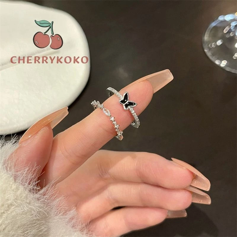 💞Cherry💞 Nhẫn Trang Sức Hình Bướm Đen Đính Đá Thủ Công Cá Tính Ngọt Ngào Cho Nữ