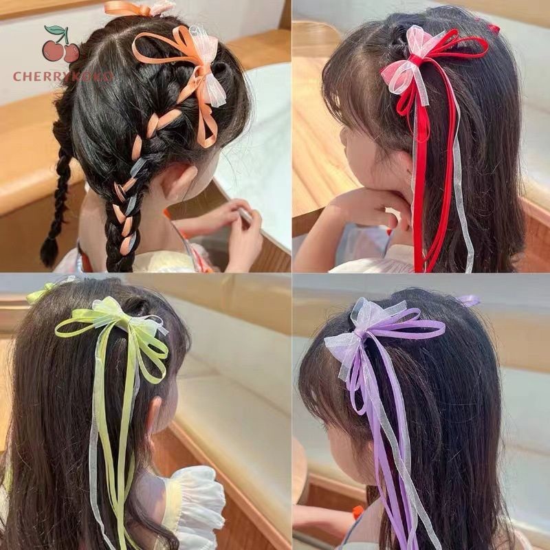 💞Cherry💞 Kẹp Tóc Nơ Phối Dây Ruy Băng Tua Rua Phong Cách Hàn Quốc Thời Trang Cho Nữ