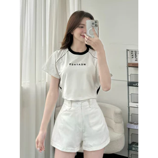 Áo thun babytee cổ tròn chạy sọc phối màu in chữ WEATHER nổi sịn sò cá tính | Miu.Store