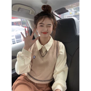 Áo len gile Nữ học sinh cổ tim chất Quảng Châu phong cách Hàn Quốc