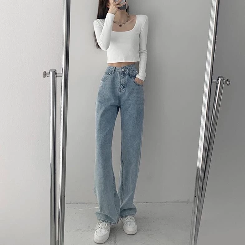 Quần Jeans Nữ Ống Rộng Cạp Chéo , Quần Bò Nữ Ống Xuông Phong Cách Thời Trang KT55