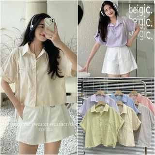 [A8840] ÁO SƠ MI KẺ SỌC CROPTOP TAY GẬP PASTEL metwo.dearu - Áo sơ mi nữ dáng lửng tay lỡ basic dày dặn ulzzang Hàn Quốc