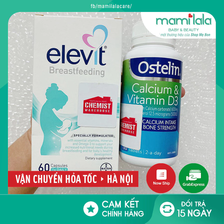 [Có Tem CHEMIST] COMBO SAU SINH - Elevit sau sinh 60 viên, Canxi Ostelin 130 viên Úc