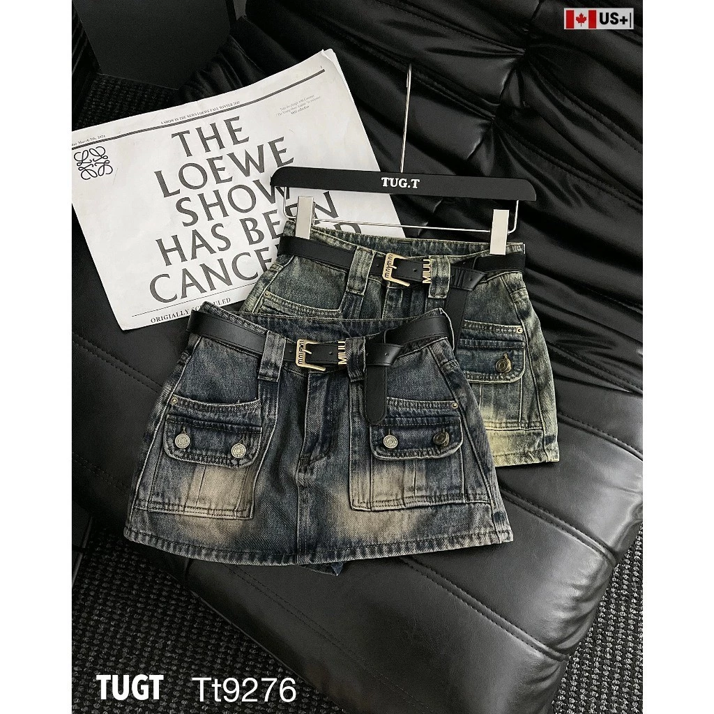 Chân váy ngắn bò jean denim chữ A túi hộp kèm đai QCCC QCL1 CV090 9276