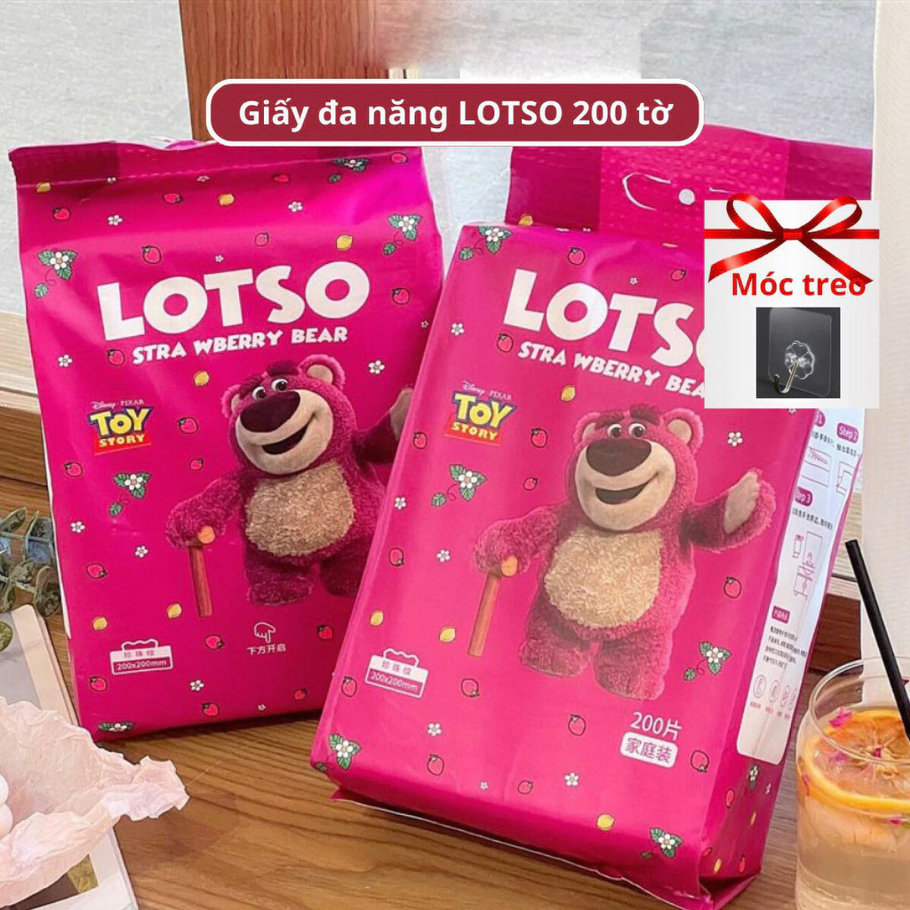 Khăn Giấy Lau Đa Năng Gấu Dâu LOTSO Bịch Lớn 200 Tờ Dùng Cả Tháng Mới Hết, Khăn Lau Mặt Dùng 1 Lần - Araki