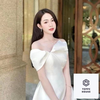 Váy nữ dáng dài váy đi tiệc cưới đầm nữ trễ vai nơ lệch hàng thiết kế cao cấp shop HK DESIGN