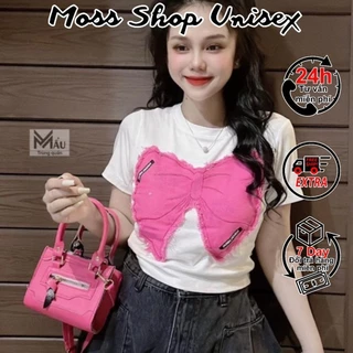 Áo croptop đáp nơ hồng giả jean - Áo crotpop bozip ôm body mẫu mới hottrend 2024 MOSSHOPUNISEX