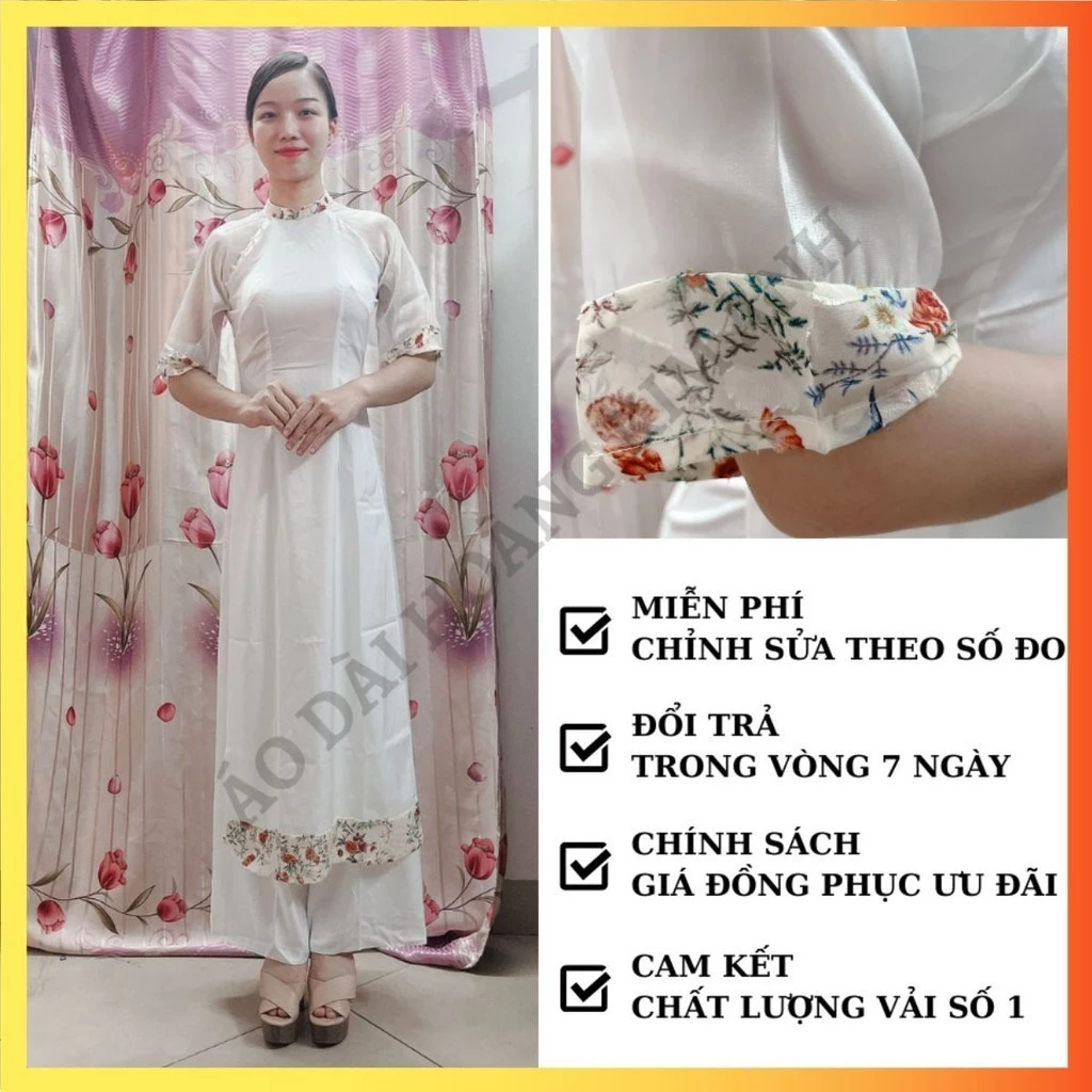 ÁO DÀI CÁCH TÂN NỮ THIẾT KẾ ĐÍNH NGỌC TAY PHỐI TƠ HOA NHÍ -áo dài trơn phi bóng, áo dài lụa thêu hoa