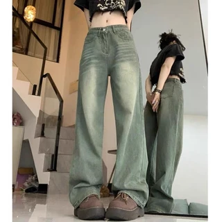 Quần Bò Nữ Ống Rộng, Quần Jeans Nữ Ống Xuông Màu Rêu Chất Co Giãn Nhẹ DC29