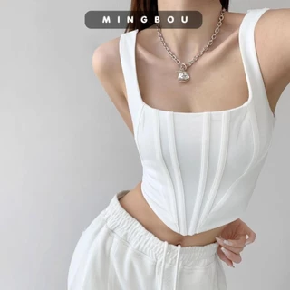 Áo ba lỗ Corset croptop thun gân cổ vuông CỰC DÀY vạt bầu, Áo croptop 2 dây cổ vuông áo corset kiểu hai dây MINGBOU